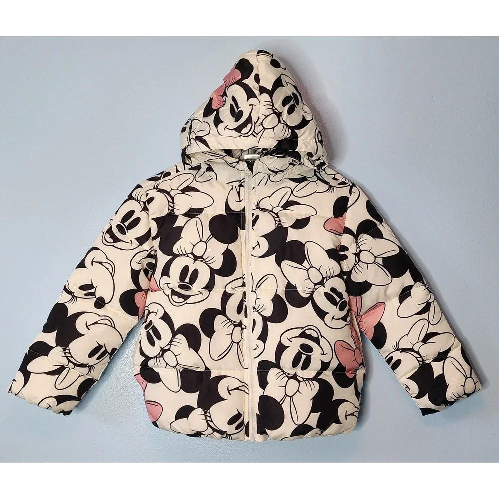 Disney Minnie Mouse Puffer Jacket Girls Size M 7/8 White Pink NWT Zip Up EXC